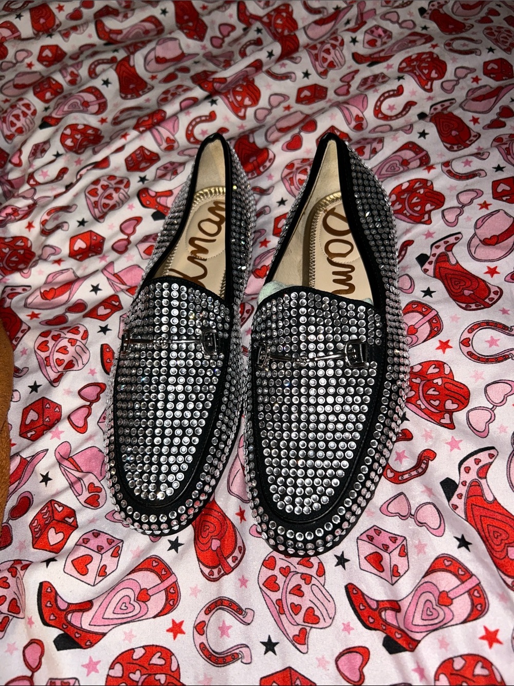 Sam Edelman Black Slip-On Loafers with Silver Crystal Studs